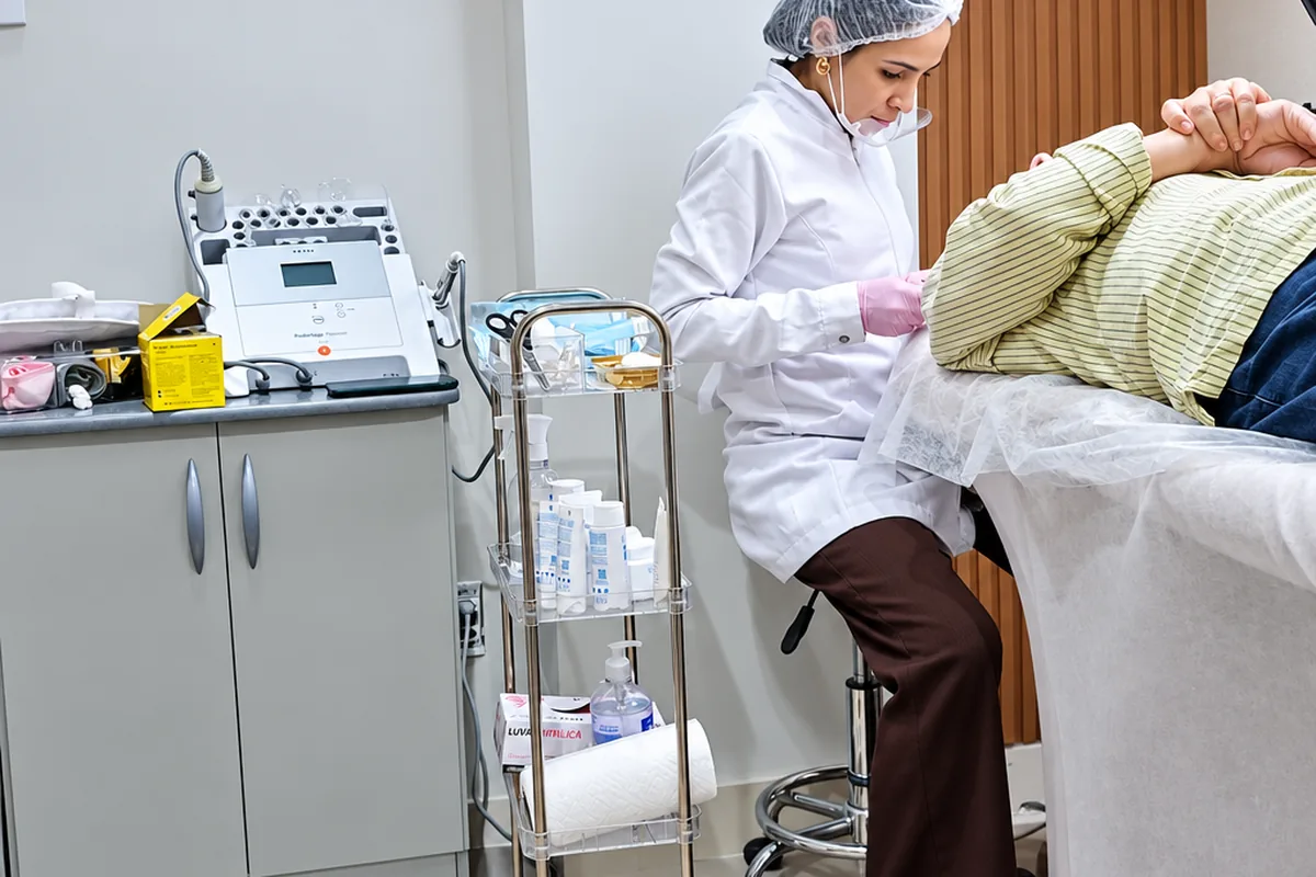 Isabela atendendo uma cliente na sala, com os aparelhos e os produtos profissionais ao lado da maca