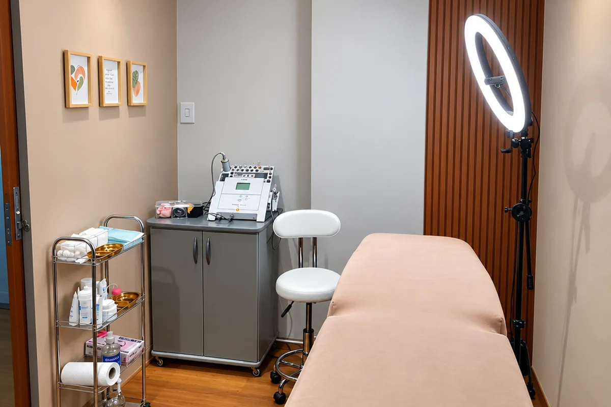 Sala de atendimento da Békara Estética, com maca preparada e produtos profissionais organizados